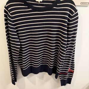 KULE Navy and White  Striped Crew Neck Cashmere Sweater. Love detail on Sleeve